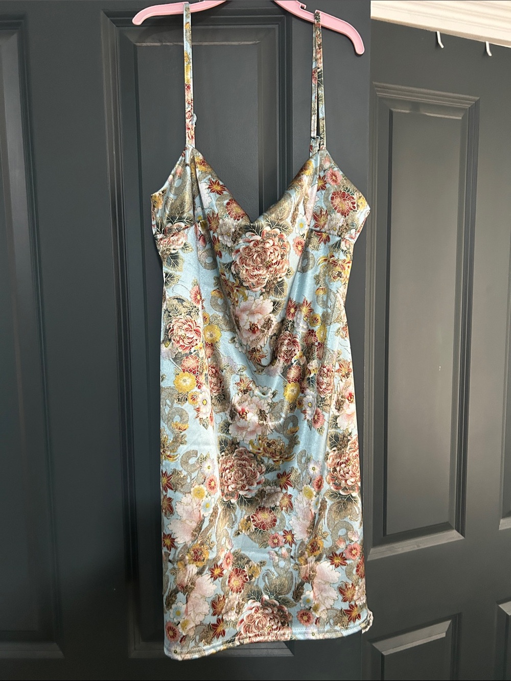 Urban Outfitters Light Blue Satin Slip Dress with Floral Accents
